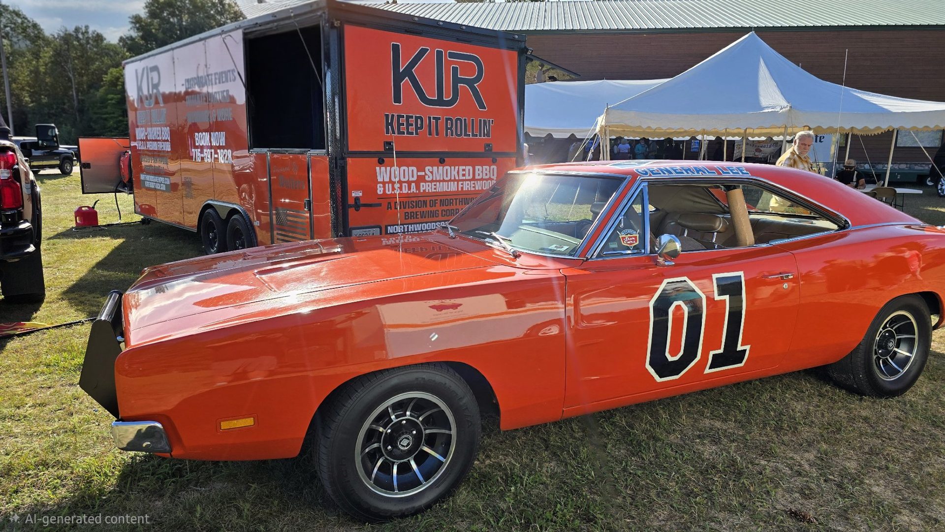The orange KIR food trailer and General Lee car parked together at an outdoor event